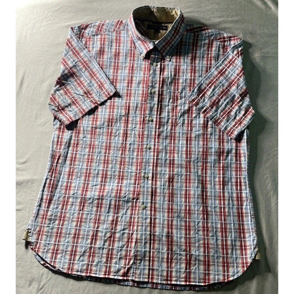 Tommy Hilfinger  Men's Short Sleeve Shirt XL  Plaid Classic Fit 100% Cotton